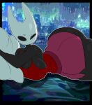 2026 2_horns absurd_res arthropod bed big_breasts big_butt biped black_body black_breasts black_eyes breasts butt city clothing empty_eyes eyebrows female furniture hi_res hollow_knight_(franchise) horn hornet_(hollow_knight) inside lying on_bed on_front pillow red_clothing solo team_cherry window zudofu