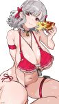  1girl aiuti arm_strap bare_shoulders bell bikini blush bow breasts cheese cheese_trail cleavage commentary_request eating food frilled_bikini frills girls'_frontline girls'_frontline_2:_exilium grey_hair hair_bow highres holding holding_food holding_pizza huge_breasts jewelry medium_hair multicolored_bikini navel neck_bell necklace necklace_between_breasts pizza pizza_slice red_bikini red_eyes sabrina_(girls'_frontline_2) sabrina_(strawberry_zabaione)_(girls'_frontline_2) side-tie_bikini_bottom simple_background sitting solo spas-12_(girls'_frontline) swimsuit thigh_strap twitter_username two-tone_bikini white_background 