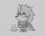 5:4 anthro armwear bluey_(series) bottomwear canid canid_demon canine canis clothing crop_top demon domestic_dog duo elbow_gloves eyebrows female fingerless_gloves gloves handwear heebjeebs hellaverse hellhound helluva_boss herding_dog hi_res legwear loona_(helluva_boss) mammal monochrome mythological_canine mythological_creature mythology pastoral_dog print_clothing print_shirt print_t-shirt print_topwear raised_eyebrow shirt shorts style_crossover style_emulation t-shirt tail tail_motion tailwag thigh_highs topwear unimpressed welsh_corgi wolf