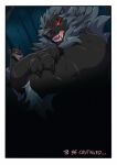  black_nose canid canine comic detailed_background digital_media_(artwork) duo english_text forest hi_res male mammal night nude open_mouth outside patto plant red_eyes teeth text tongue tree were werecanid werecanine werewolf 