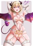  1girl armpits black_horns blonde_hair breasts choker demon_girl demon_horns demon_tail demon_wings elbow_gloves garter_straps gloves highres horns kasugano_tobari linked_piercing medium_breasts navel navel_piercing nipple_chain nipple_piercing original piercing pointy_ears purple_eyes revealing_clothes short_hair solo tail thighhighs white_gloves white_legwear wings 