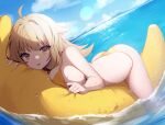  1girl ahoge ankkoyom ass banana_boat bare_arms bare_shoulders bikini blonde_hair breasts day dutch_angle highres large_breasts long_hair looking_at_viewer ocean original outdoors parted_lips smile solo string_bikini swimsuit thighs water wet yellow_bikini yellow_eyes 