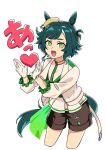  1girl animal_ears beret breasts brown_shorts commentary_request ears_through_headwear gloves green_eyes green_hair hat heart highres horse_ears horse_girl horse_tail jacket kiseki_(miracle_author)_(umamusume) kiseki_(umamusume) looking_at_viewer multicolored_hair open_mouth shirt short_hair shorts simple_background smile solo streaked_hair tail umamusume white_background white_gloves white_jacket white_streaks yellow_hat zhu_(nitamagr) 