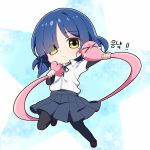  2girls absurdres black_pantyhose black_ribbon blue_hair blue_skirt bocchi_the_rock! brown_shoes chibi closed_mouth collared_shirt commentary_request expressionless eyes_visible_through_hair full_body gotoh_hitori hair_ornament hairclip highres korean_commentary korean_text layered_sleeves loafers long_sleeves medium_hair mole mole_under_eye multiple_girls neck_ribbon pantyhose parallel_hairclips pleated_skirt ribbon school_uniform shirt shirt_tucked_in shoes short_over_long_sleeves short_sleeves skirt star_(symbol) star_symbol_background translation_request vector_(dmlddmld00) white_shirt yamada_ryo yellow_eyes 