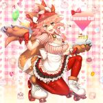  1girl absurdres animal_ear_fluff animal_ears apron bangs bell bow breasts character_name chiri_214 cleavage collar cup dress drinking_glass fate/extra fate/grand_order fate_(series) food fox_ears fox_girl fox_tail gloves hair_between_eyes hair_bow highres jingle_bell kneeling large_breasts licking_lips long_hair looking_at_viewer lostroom_outfit_(fate) neck_bell open_mouth paw_gloves paws pink_hair ponytail pudding red_bow red_legwear roller_skates sidelocks skates smile striped striped_dress tail tamamo_(fate)_(all) tamamo_cat_(fate) thighhighs tongue tongue_out tray visor_cap white_apron yellow_eyes 