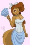  2018 absurd_res anthro bottomwear bow breasts brown_body brown_eyes brown_fur brown_hair brown_nose canid canine canis choker claws cleavage clothed clothing corset disney dixie domestic_dog eyebrows eyelashes fan_(disambiguation) fangs female fox_and_the_hound fur hair hand_fan hi_res hirurux holding_object hunting_dog jewelry lingerie long_hair looking_at_viewer mammal necklace open_mouth portrait raised_eyebrows saluki sighthound signature simple_background skirt smile solo three-quarter_portrait tongue topwear 