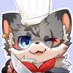 1:1 2020 anthro big_eyes biped blue_eyes canid canine chef cute_fangs ear_piercing ear_ring eye_scar facial_scar fangs fox fur grey_body grey_fur hlg7777 icon kemono low_res male mammal one_eye_closed piercing ring_piercing scar slim_anthro slim_male solo teeth white_body white_fur