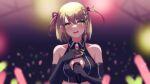  1girl absurdres black_gloves blurry blurry_background braid breasts cleavage_cutout clothing_cutout crying crying_with_eyes_open elbow_gloves english_commentary fuzuki_miki gloves hair_behind_ear highres holding holding_microphone indie_virtual_youtuber light_stick medium_breasts microphone open_mouth second-party_source short_hair smile solo tears two_side_up upper_body valefal_coneri virtual_youtuber 