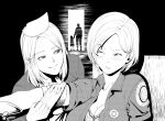  2025 2girls apocalipsejack bandaged_arm bandages black_background blonde_hair bra commentary cybil_bennett english_commentary greyscale hat highres konami lisa_garland monochrome multiple_girls nurse nurse_cap police police_uniform policewoman silent_hill_(series) silent_hill_1 silhouette underwear 