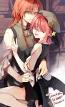  2girls bat_wings blue_eyes book braid breasts hat hat_removed head_wings headwear_removed headwear_switch highres hong_meiling koakuma long_hair looking_at_viewer multiple_girls nail_polish necktie one_eye_closed open_mouth orange_hair red_eyes red_hair risui_(suzu_rks) shelf smile star_(symbol) touhou v wings 