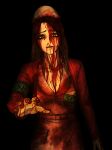 1girl 2021 absurdres black_background blonde_hair blood blood_on_face blood_on_hands blood_on_neck blood_stain blue_eyes commentary english_commentary hat highres horror_(theme) konami lisa_garland nurse nurse_cap silent_hill_(series) silent_hill_1 sketchmenot 