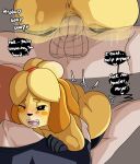  &lt;3 absurd_res animal_crossing anthro anthro_penetrated anus balls bodily_fluids butt canid canine canis comic dialogue domestic_dog duo english_text female female_penetrated genital_fluids genitals hi_res human human_on_anthro human_penetrating human_penetrating_anthro interspecies inuyuru isabelle_(animal_crossing) looking_pleasured male male/female male_penetrating male_penetrating_female mammal nintendo penetration penile penile_penetration penis profanity pussy pussy_juice sex text vaginal vaginal_penetration video_games yellow_body 