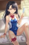  1girl :d bangs bare_shoulders black_hair blue_swimsuit blush bnari bow breasts brown_eyes collarbone commentary_request dark_skin dark_skinned_female fingernails food food_on_body food_on_clothes hair_ornament hairpin highres holding holding_food ijiranaide_nagatoro-san knee_up legwear_removed long_hair looking_at_viewer medium_breasts nagatoro_hayase nail_polish one-piece_swimsuit open_mouth pink_hair popsicle red_bow red_ribbon ribbon sitting smile socks solo swimsuit thigh_ribbon white_legwear 