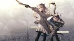 2girls absurdres animal_ears arknights arknights:_endfield artist_name belt bird_ears bird_girl black_gloves black_hair black_pantyhose blue_eyes blue_horns blue_tail character_name chen_qianyu_(arknights) closed_mouth commentary copyright_name death_stranding dragon_girl dragon_horns dragon_tail dress dual_wielding english_commentary feet_out_of_frame gloves high_belt highres holding holding_sword holding_weapon horns jacket long_hair long_sleeves looking_at_viewer looking_to_the_side multicolored_horns multicolored_tail multiple_girls open_clothes open_jacket pantyhose parody parted_lips perlica_(arknights) pink_horns red_tail signature sleeveless sleeveless_dress standing sword tail title_parody varhan_zuhair weapon white_dress white_jacket 