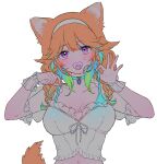  1girl animal_ears bow_choker breasts cat_ears cat_tail earrings feather_earrings feathers gradient_hair hairband hololive hololive_english jewelry mamaloni midriff multicolored_hair navel orange_hair pacifier pink_nails shirt solo tagme tail takanashi_kiara translucent translucent_shirt virtual_youtuber white_background 