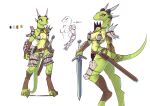  anthro armor bald big_breasts bikini_armor bone breasts claws clothed clothing digitigrade eye_scar eyelashes facial_scar female forked_tongue green_body green_stripes hand_on_tail hi_res japanese_text lizard long_eyelashes looking_at_viewer melee_weapon model_sheet non-mammal_breasts reptile sat_v12 scabbard scales scalie scar side_boob silvana_(sat_v12) skimpy smile snake solo standing step_pose striped_body striped_scales striped_tail stripes sword text toe_claws tongue tongue_out weapon yellow_eyes 