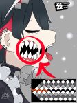  1girl absurdres arrow_(symbol) artist_name black_hair circle closed_eyes collar colored_inner_hair commentary_request earclip ellen_joe from_side geometry_dash highres hink_(hinkctm) maid_headdress metal_collar multicolored_hair open_mouth profile red_hair shark_girl sharp_teeth short_hair snow solo spanish_commentary spiked_headband teeth tongue tongue_out twitter_username two-tone_hair upper_body x-ray zenless_zone_zero 