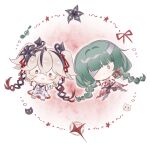  2girls :| ahoge asymmetrical_legwear bandage_over_one_eye black_flower black_pantyhose black_streaks blake_bloom_(wuthering_waves) bracelet braid c: camellya_(wuthering_waves) cat chibi chibi_only chinese_commentary closed_mouth commentary_request crossed_bangs double-parted_bangs dress earrings expressionless flower flower_on_chest green_hair grey_eyes hair_flower hair_intakes hair_ornament jewelry light_blush low_twin_braids multi-tied_hair multicolored_hair multiple_girls no_eyebrows one_eye_covered outstretched_arms pantyhose phrolova_(wuthering_waves) red_background red_flower second-party_source shishilu short_twintails single_earring single_leg_pantyhose sleeveless sleeveless_dress smile solid_oval_eyes spider_lily spread_arms streaked_hair treble_clef twin_braids twintails two-tone_hair uneven_legwear white_background white_dress white_hair white_pantyhose wuthering_waves 