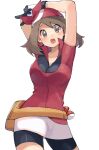  1girl arms_up bangs bike_shorts blush breasts brown_hair cleavage collared_shirt commentary cowboy_shot eyelashes fanny_pack gloves grey_eyes highres long_hair looking_at_viewer may_(pokemon) open_mouth poke_ball poke_ball_(basic) pokemon pokemon_(game) pokemon_rse red_bandana red_shirt ririmon shirt short_sleeves simple_background skirt tongue v white_background white_gloves white_skirt yellow_bag 