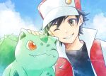  1boy artist_name badge bangs baseball_cap black_hair black_shirt bulbasaur cloud commentary_request day gen_1_pokemon hat headpat jacket male_focus one_eye_closed outdoors parted_lips pokemon pokemon_(creature) pokemon_(game) pokemon_rgby punico_(punico_poke) red_(pokemon) shirt sky smile starter_pokemon watermark yellow_eyes 