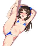  1girl :d bikini blue_bikini blue_bow bow brown_eyes commentary_request cowboy_shot dutch_angle flat_chest hair_bow half_updo heart heart-shaped_pupils highleg highleg_bikini highleg_swimsuit idolmaster idolmaster_cinderella_girls looking_at_viewer micro_bikini milestone_celebration open_mouth riking simple_background smile solo split standing standing_on_one_leg standing_split swimsuit symbol-shaped_pupils tachibana_arisu white_background 