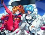  2girls alternate_costume ayanami_rei blue_eyes blue_hair breasts cloud medium_breasts multiple_girls neon_genesis_evangelion pilot plugsuit red_eyes short_hair short_twintails sky souryuu_asuka_langley thighs twintails watermark yagi_(kyuhyun) 