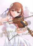  1girl ayuko_(ayuko54bornthisway) bow_(instrument) brown_eyes brown_hair cowboy_shot dress floral_background flower hair_flower hair_ornament happy_birthday highres instrument looking_at_viewer misaka_mikoto music playing_instrument short_hair solo spaghetti_strap toaru_kagaku_no_railgun toaru_majutsu_no_index violin violin_bow white_dress 