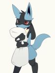  2021 absurd_res ambiguous_gender anthro blue_body blue_fur canid canine front_view fur hi_res lucario mammal nintendo pillow pok&eacute;mon pok&eacute;mon_(species) red_eyes satori_(verfyhi) simple_background solo standing video_games white_background 
