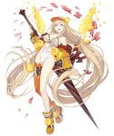  1girl :d absurdly_long_hair aqua_eyes blonde_hair flower full_body holding holding_lance holding_polearm holding_weapon ji_no lance long_hair looking_at_viewer official_art open_mouth petals polearm rapunzel_(sinoalice) single_thighhigh sinoalice smile solo swimsuit thighhighs transparent_background upper_teeth very_long_hair visor_cap weapon 
