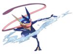  blurry bright_pupils full_body gen_6_pokemon greninja highres morio_(poke_orio) no_humans outstretched_arm pokemon pokemon_(creature) solo standing standing_on_one_leg toes tongue_scarf water water_drop white_background white_pupils 