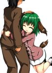  1boy 1girl :d ^_^ animal_ears bangs black_footwear black_hair brown_dress brown_pants closed_eyes closed_mouth dog_ears dog_tail dress green_hair head_out_of_frame headpat holding_person hug kasodani_kyouko long_sleeves nyt_(nagane) open_mouth pants short_hair simple_background skirt smile standing tail touhou white_background white_legwear white_skirt 