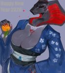2025 5_fingers absurd_res annoyed anthro apode asian_clothing big_breasts black_body black_clothing black_obi black_sclera blue_clothing blue_kimono blue_obijime breasts chest_markings claws cleavage clothed clothing digital_media_(artwork) digital_painting_(artwork) draconcopode east_asian_clothing english_text exoskeleton female fingers floral_pattern food fruit glowing glowing_claws glowing_eyes glowing_hood glowing_markings glowing_symbol grey_background grey_body grey_breasts hand_on_hip hand_on_own_hip hi_res holding_food holding_fruit holding_object huge_breasts japanese_clothing kimono lbt9000 legless long_claws looking_aside_at_viewer markings metallic_body naga new_year_2026 non-mammal_breasts obi obijime painting_(artwork) pattern_clothing pattern_topwear plant red_claws red_eyes red_markings reptile ridged_mouth robot_anthro scalie serpentine simple_background snake snake_hood snake_naga solo sparkles symbol_on_chest tangerine_(fruit) text topwear xen_(xenthetechnomorph)