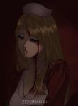  1girl 2025 blonde_hair blood blood_on_face blood_on_neck blue_eyes commentary english_commentary hat highres horror_(theme) jacket konami lisa_garland long_hair nurse nurse_cap red_background red_jacket silent_hill_(series) silent_hill_1 zeronashh 