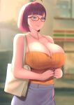  1girl absurdres ahoge bag bangs bare_shoulders blue_eyes blue_skirt blunt_bangs blurry blurry_background breasts cleavage closed_mouth ganzu glasses handbag highres jewelry necklace original outdoors red_hair shirt_tucked_in short_hair skirt smile tank_top unbuttoned 