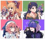  4girls black_gloves black_hair blush chibi commentary_request dress drunk elbow_gloves gloves green_eyes holding ibuki_suika multiple_girls nippaku_zanmu okunoda_miyoi open_mouth purple_dress re_ghotion red_eyes shy smile touhou yomotsu_hisami 