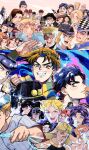  6+boys 6+girls absurdres animal asakeno bald battle_tendency beard black_hair blonde_hair blue_eyes blue_hair bob_cut brown_hair bruford caesar_anthonio_zeppeli character_request commentary_request crop_top danny_(jojo) dark-skinned_male dark_skin diamond_wa_kudakenai dio_brando dog earrings emporio_alnino erina_pendleton esidisi everyone face_piercing facial_hair facial_mark fangs fingerless_gloves flattop garrison_cap george_joestar george_joestar_ii glasses gloves grin hairband hat hazamada_toshikazu hazekura_mikitaka headscarf helmet higashikata_josuke higashikata_ryohei higashikata_tomoko highres hoop_earrings horns jewelry jojo_no_kimyou_na_bouken jonathan_joestar joseph_joestar joseph_joestar_(young) kanedaichi_toyohiro kars_(jojo) kawajiri_hayato kawajiri_shinobu kobayashi_tamami kujo_jotaro lip_piercing lip_ring lisa_lisa loggins_(jojo) long_hair low_ponytail mark_(jojo) mary_joestar messina_(jojo) multiple_boys multiple_girls mustache necklace ok_sign old old_man old_woman open_mouth orange_hair parted_bangs partial_commentary phantom_blood piercing poco's_sister poco_(jojo) police police_uniform pompadour ponytail purple_hair red-framed_eyewear red_eyes robert_e._o._speedwagon rudolph_von_stroheim scar scar_on_face scarf short_hair short_sleeves smile smokey_brown stardust_crusaders stone_ocean straizo striped_clothes striped_scarf superfly_(stand) suspenders suzi_q tarkus tonpeti top_hat topless_male transmission_tower v-shaped_eyebrows wamuu wang_chan will_anthonio_zeppeli 