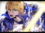  1boy armor arthur_pendragon_(fate) blonde_hair breastplate cape excalibur_(fate/prototype) fate/prototype fate_(series) glowing glowing_sword glowing_weapon green_eyes male_focus namahamu_(hmhm_81) open_mouth solo water_drop weapon 