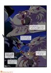  5_fingers canid canine comic detailed_background digital_media_(artwork) english_text fingers fur hi_res mammal night open_mouth outside patto red_sclera teeth text tongue trio were werecanid werecanine werewolf 