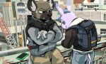  2021 aggressive_retsuko anthro asinus backpack black_nose blush clothed clothing donkey duo equid equine haida hi_res hyaenid japanese_text male mammal phone sanrio tadano_(aggretsuko) text vetiver_n 