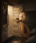 anthro appliance areola balls bulge canid canine canis casual_nudity container digital_media_(artwork) digitigrade feet fingers flaccid food fox fridge fur genitals hi_res holding_container holding_object humanoid_genitalia humanoid_penis kitchen kitchen_appliance looking_at_viewer male mammal nipples nude orcfun pecs penis smile solo standing tail toes