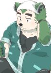  anthro bandanna belly canid canine canis cellphone clothing domestic_dog eyebrows fur green_body green_fur headphones hi_res kerchief live-a-hero male mammal mokdai overweight overweight_anthro overweight_male phone sankakuma_ku shirt smartphone solo thick_eyebrows topwear undershirt 