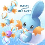  artist_name black_eyes candy candy_wrapper character_name commentary_request creature food gen_3_pokemon highres holding mudkip no_humans open_mouth pokemon pokemon_(creature) sasabunecafe starter_pokemon 