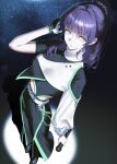  1girl absurdres asymmetrical_clothes blue_eyes closed_mouth commentary_request deepness_(love_live!) enu_illustip gloves highres holding holding_microphone link!_like!_love_live! long_hair looking_at_viewer love_live! microphone official_alternate_costume official_alternate_hairstyle otomune_kozue ponytail purple_hair single_glove solo 