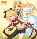  2girls :d artist_logo asymmetrical_legwear aura_bella_fiora belt bird_girl bird_wings black_pants black_ribbon black_tube_top blonde_hair blue_bow blue_bowtie blue_dress blue_eyes blush bow bowtie brown_belt brown_gloves brown_vest commentary_request copyright_logo copyright_name cowboy_shot double-parted_bangs dress elbow_gloves falling_feathers fang feathered_wings feathers filo_(tate_no_yuusha_no_nariagari) flat_chest frilled_dress frilled_sleeves frills full_body fur-trimmed_gloves fur-trimmed_vest fur_trim gloves hair_between_eyes hair_ornament hair_ribbon isekai_quartet logo long_dress long_hair long_sleeves medium_hair multiple_girls navel open_clothes open_mouth open_vest pants parted_bangs re:zero_kara_hajimeru_isekai_seikatsu red_eyes red_scarf ribbon samenoido scarf smile stomach strapless tate_no_yuusha_no_nariagari teeth tongue tube_top two-tone_dress uneven_legwear upper_teeth_only v-shaped_eyebrows vest watermark white_dress white_feathers white_wings wing_hair_ornament wings yellow_background 
