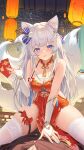  1boy 1girl aerial_fireworks animal_ear_fluff animal_ears bare_shoulders blue_eyes blue_nails blush breasts bridal_gauntlets character_request check_character chinese_commentary cleavage commentary_request dress envelope fingernails fireworks fox_ears fox_girl fox_tail girl_on_top hair_ornament hand_up holding holding_envelope hongbao kitsune kyuubi lantern longyu_(17767756) looking_at_viewer medium_breasts multicolored_hair multiple_tails nail_polish night original paper_lantern parted_lips pelvic_curtain pov red_dress smile solo_focus streaked_hair sweat tail thighhighs thighs white_bridal_gauntlets white_thighhighs 