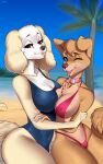  2021 aggressive_retsuko angel_(lady_and_the_tramp) anthro artist_name beach big_breasts bikini black_nose blue_eyes borzoi breast_squish breasts breasts_frottage canid canine canis chest_tuft cleavage clothed clothing collar detailed_background disney domestic_dog duo female floppy_ears fur hair half-closed_eyes hi_res hunting_dog inui_(aggressive_retsuko) lady_and_the_tramp looking_at_viewer mammal multicolored_body multicolored_fur name_tag narrowed_eyes nipple_outline one-piece_swimsuit one_eye_closed outside palm_tree plant pomeranian sand sanrio sea seaside short_hair sighthound smile spitz squish swimwear tan_body tan_fur thick_thighs tongue tongue_out tree tuft two_tone_body two_tone_fur water white_body white_fur wink zhadart 