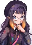  1girl bag bangs beret blue_eyes blunt_bangs blush dress flat_chest glasses gradient gradient_background hat headpiece highres hololive hololive_english long_hair maru_ccy mole mole_under_eye multicolored_hair ninomae_ina&#039;nis orange_hair paint_on_clothes paint_splatter pointy_ears smile wavy_hair 
