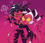  2021 black_hair clothed clothing demon duo female gradient_background hair helluva_boss hi_res horn humanoid husband_and_wife imp male married_couple millie_(vivzmind) moxxie_(vivzmind) not_furry short_hair signature simple_background spade_tail white_hair wizaria yellow_sclera 