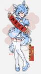  1girl :d animal_ears aqua_hair blue_dress blue_flower blue_shoes china_dress chinese_clothes chinese_commentary chinese_new_year chinese_text chinese_zodiac commentary dated double_bun dress ear_covers flower full_body hair_between_eyes hair_bun hair_flower hair_ornament high_heels highres holding holding_scroll horse_ears horse_girl horse_tail k.s.miracle_(umamusume) open_mouth puffy_short_sleeves puffy_sleeves purple_eyes saramiao-chan scroll shoes short_hair short_sleeves simplified_chinese_text single_ear_cover smile solo tail thighhighs translated twitter_username umamusume white_thighhighs 