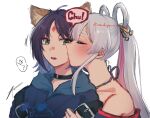  2girls bare_shoulders black_choker blue_hoodie blush cho_kaguya-hime! choker commentary facial_mark forehead_mark green_eyes hair_ornament hair_rings hair_stick highres hood hoodie imudegozaimasu kiss kissing_cheek multiple_girls off_shoulder parted_lips pink_streaks purple_hair runami_yachiyo sakayori_iroha short_hair simple_background speech_bubble translation_request twintails twitter_username white_background white_hair yuri 